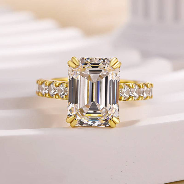 Louily Stunning Yellow Gold Emerald Cut Engagement Ring In Sterling Silver