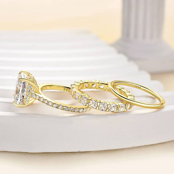 Louily Timeless Yellow Gold Cushion Cut 3PC Women's Wedding Ring Set In Sterling Silver