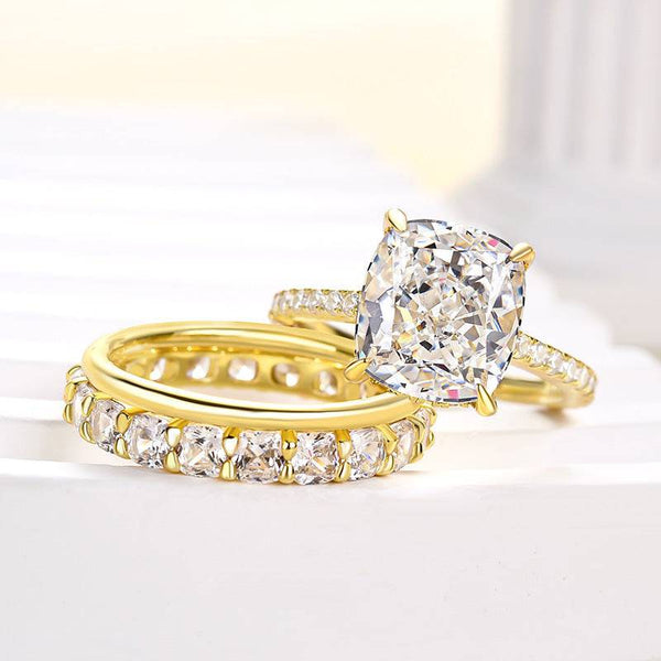 Louily Timeless Yellow Gold Cushion Cut 3PC Women's Wedding Ring Set In Sterling Silver