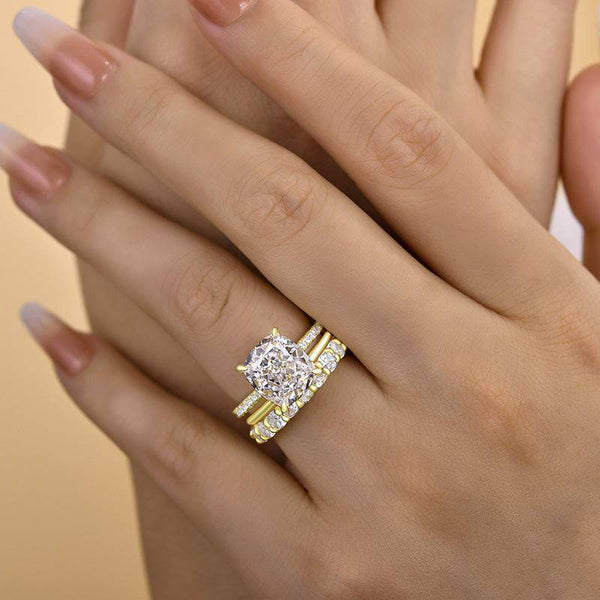 Louily Timeless Yellow Gold Cushion Cut 3PC Women's Wedding Ring Set In Sterling Silver