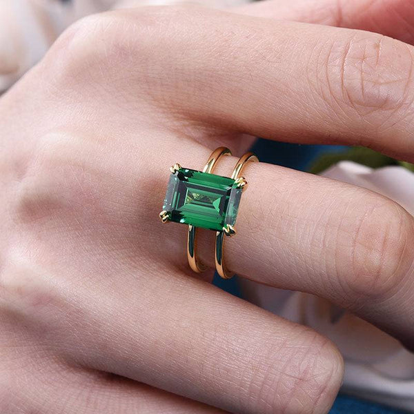 Louily Unique Design Yellow Gold Emerald Cut Engagement Ring In Sterling Silver