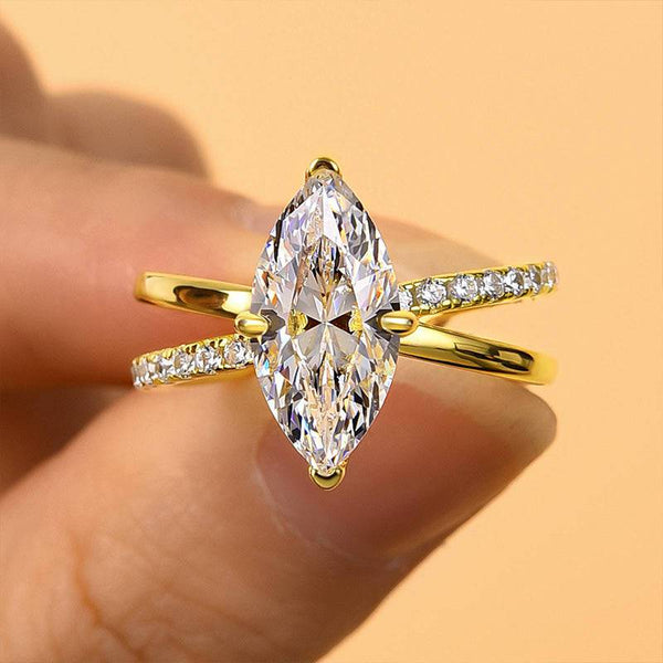 Louily Unique Yellow Gold Cross Shank Marquise Cut Engagement Ring