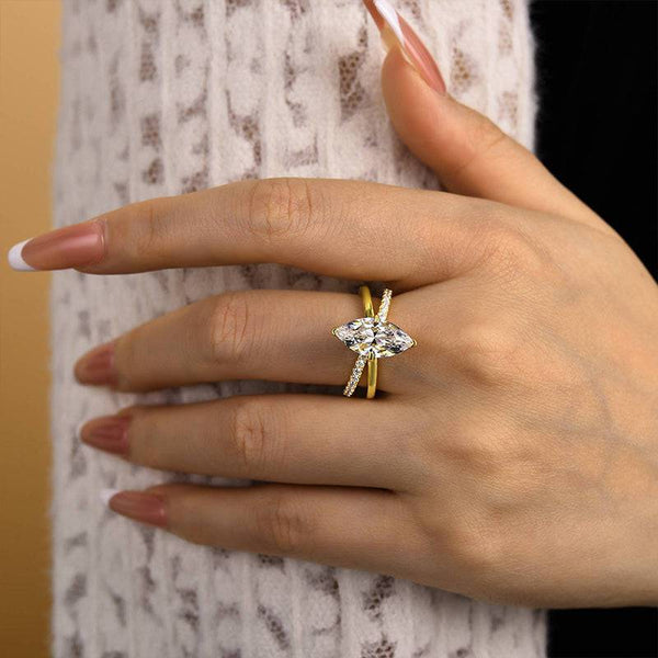 Louily Unique Yellow Gold Cross Shank Marquise Cut Engagement Ring