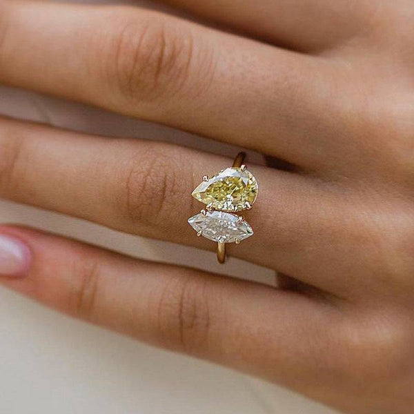 Louily Unique Yellow Gold Double Stones Design Pear & Marquise Cut Engagement Ring In Sterling Silver