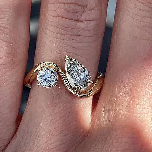 Louily Unique Double Stones Design Pear & Round Cut Engagement Ring In Sterling Silver - louilyjewelry