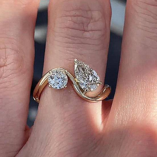 Louily Unique Double Stones Design Pear & Round Cut Engagement Ring In Sterling Silver - louilyjewelry