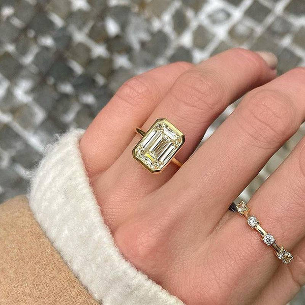 Louily Unique Yellow Gold Emerald Cut Bezel Engagement Ring In Sterling Silver