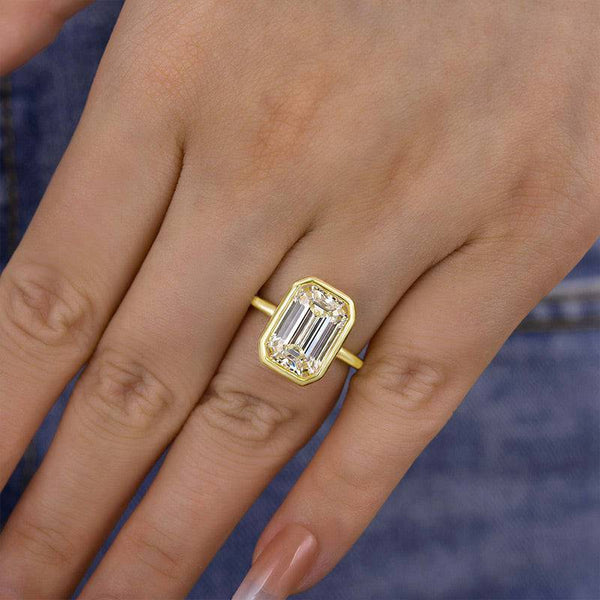 Louily Unique Yellow Gold Emerald Cut Bezel Engagement Ring In Sterling Silver