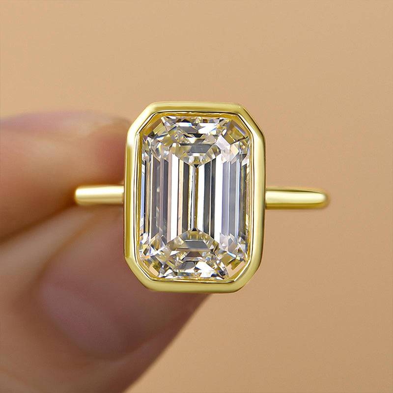 Louily Unique Yellow Gold Emerald Cut Bezel Engagement Ring In Sterling Silver - louilyjewelry