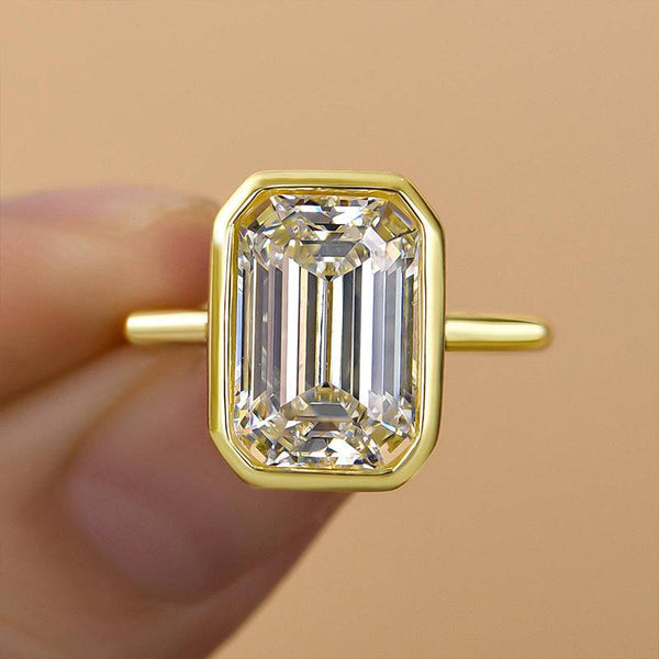 Louily Unique Yellow Gold Emerald Cut Bezel Engagement Ring In Sterling Silver