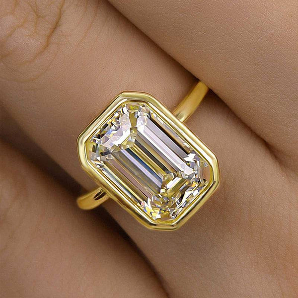 Louily Unique Yellow Gold Emerald Cut Bezel Engagement Ring In Sterling Silver