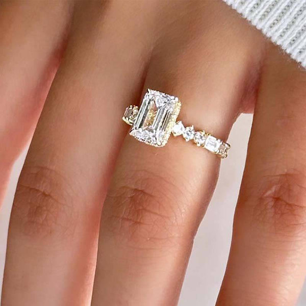 Louily Unique Yellow Gold Emerald Cut Engagement Ring