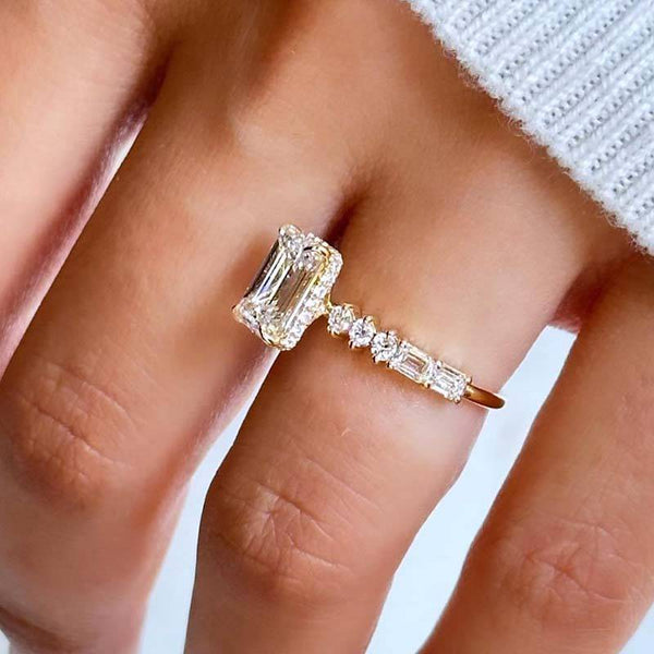 Louily Unique Yellow Gold Emerald Cut Engagement Ring