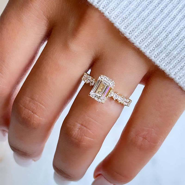 Louily Unique Yellow Gold Emerald Cut Engagement Ring