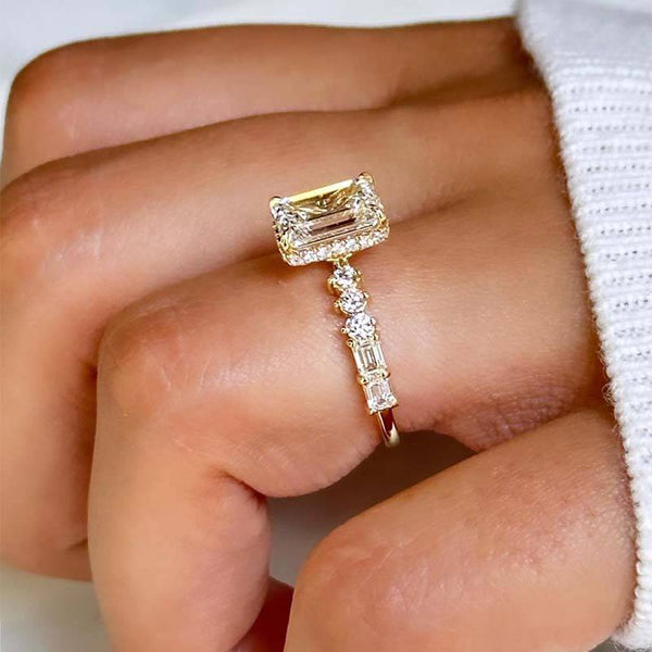 Louily Unique Yellow Gold Emerald Cut Engagement Ring