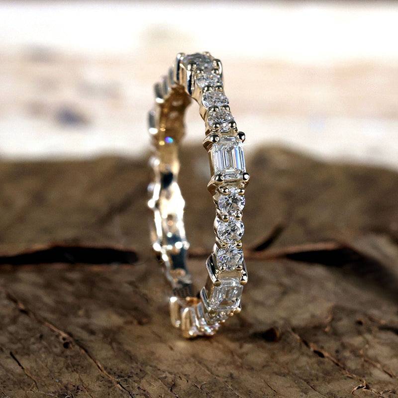 Louily Unique Yellow Gold Emerald & Round Cut Diamond Wedding Band In Sterling Silver - louilyjewelry