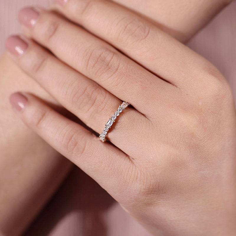 Louily Unique Yellow Gold Emerald & Round Cut Diamond Wedding Band In Sterling Silver - louilyjewelry