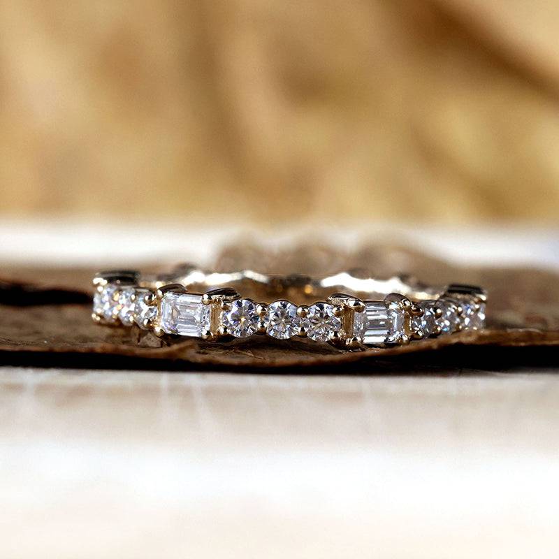 Louily Unique Yellow Gold Emerald & Round Cut Diamond Wedding Band In Sterling Silver - louilyjewelry