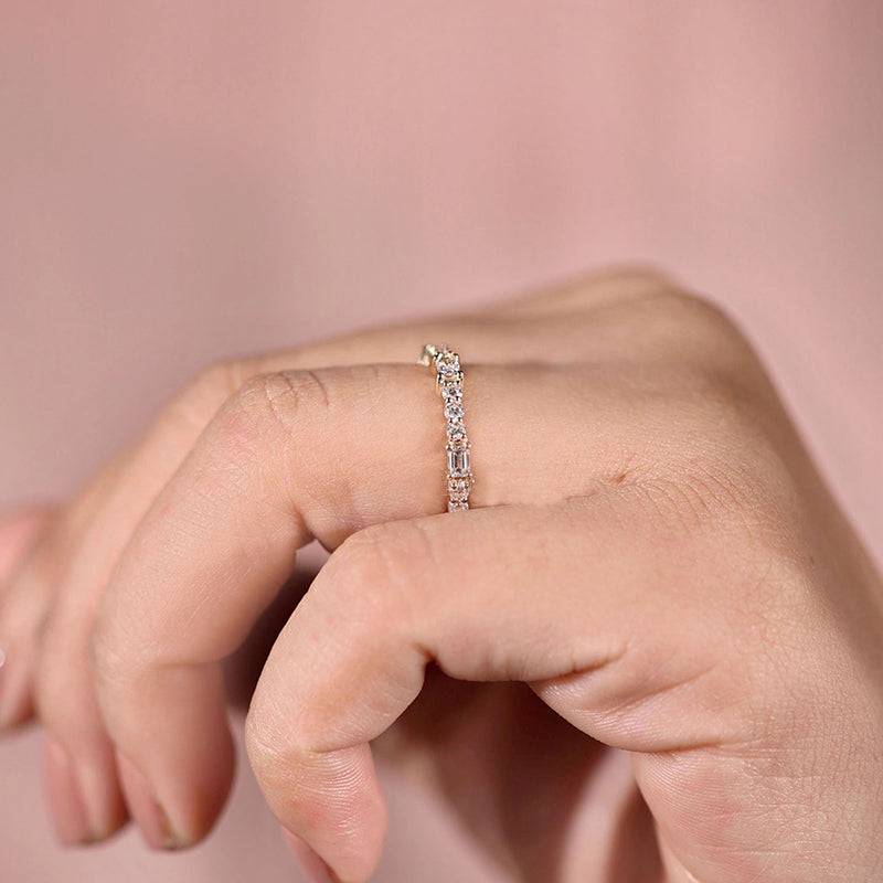 Louily Unique Yellow Gold Emerald & Round Cut Diamond Wedding Band In Sterling Silver - louilyjewelry