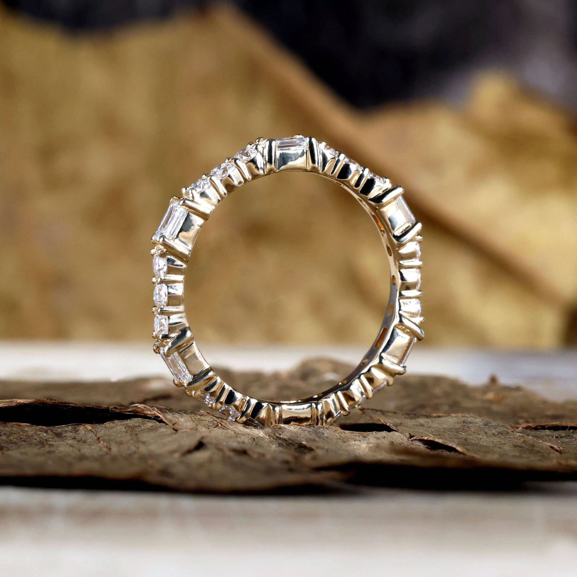 Louily Unique Yellow Gold Emerald & Round Cut Diamond Wedding Band In Sterling Silver - louilyjewelry