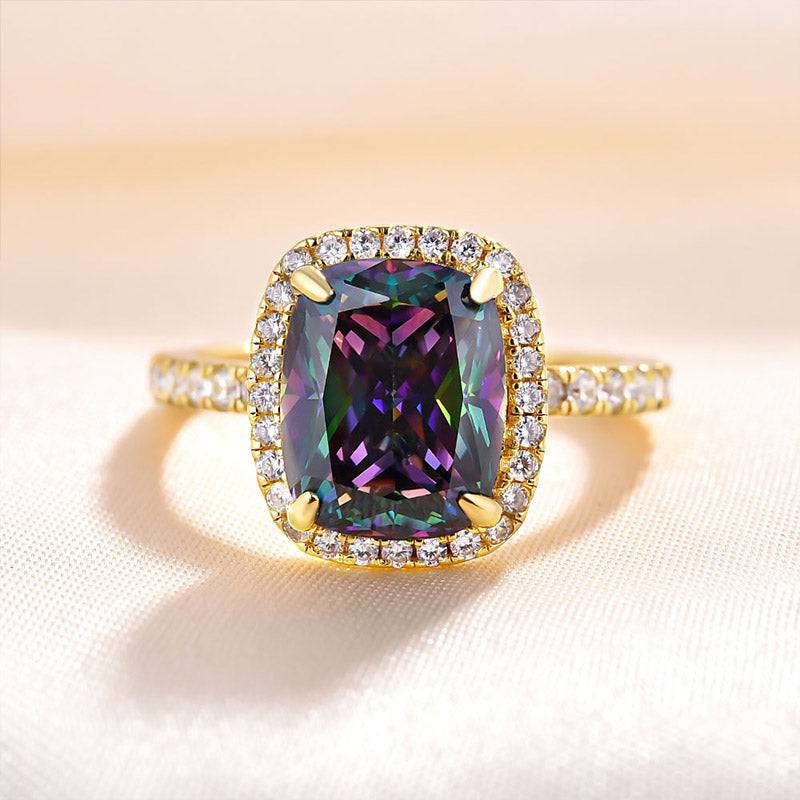Louily Unique Yellow Gold Halo Cushion Cut Alexandrite Engagement Ring In Sterling Silver - louilyjewelry