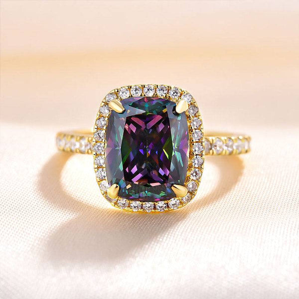 Louily Unique Yellow Gold Halo Cushion Cut Alexandrite Engagement Ring In Sterling Silver