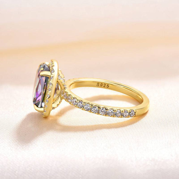 Louily Unique Yellow Gold Halo Cushion Cut Alexandrite Engagement Ring In Sterling Silver