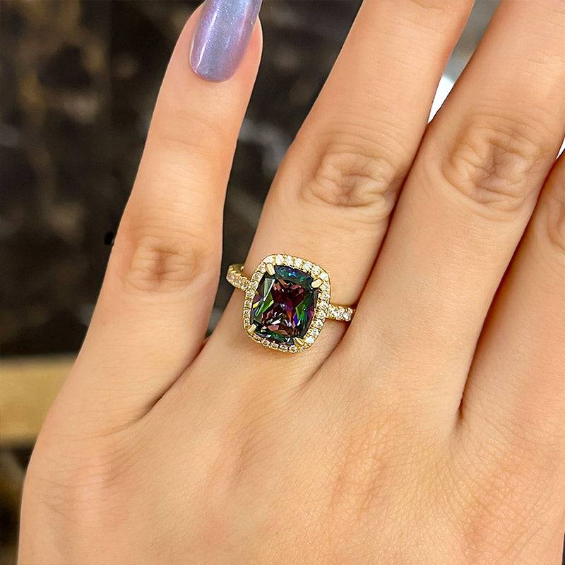 Louily Unique Yellow Gold Halo Cushion Cut Alexandrite Engagement Ring In Sterling Silver - louilyjewelry