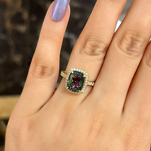 Louily Unique Yellow Gold Halo Cushion Cut Alexandrite Engagement Ring In Sterling Silver