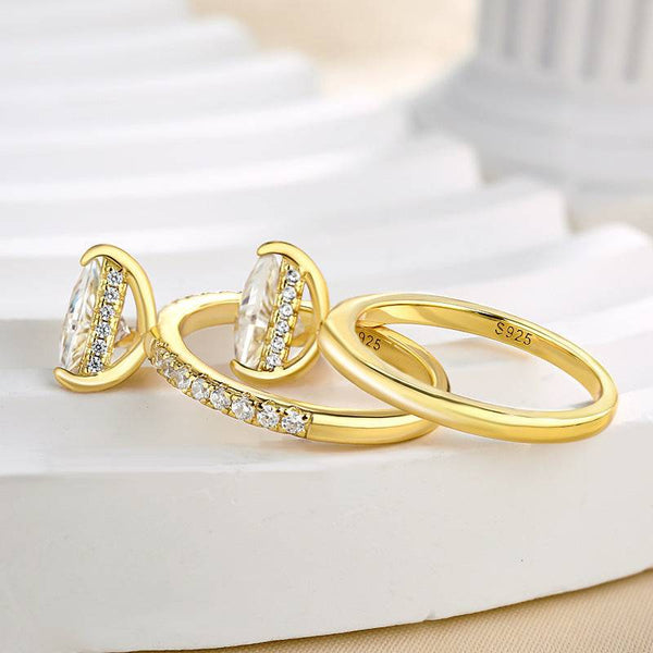 Louily Unique Yellow Gold Trillion Cut 2PC Ring Set In Sterling Silver