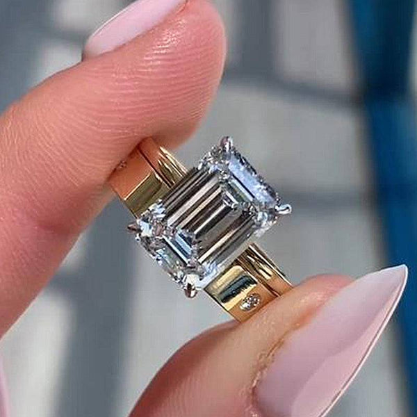 Louily Vintage Yellow Gold Emerald Cut Wedding Ring Set In Sterling Silver