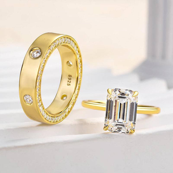 Louily Vintage Yellow Gold Emerald Cut Wedding Ring Set In Sterling Silver