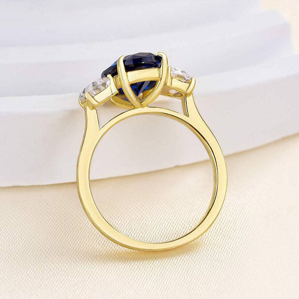 Louily Yellow Gold 3.5 Carat Blue Sapphire Oval Cut Three Stone Engagement Ring In Sterling Silver