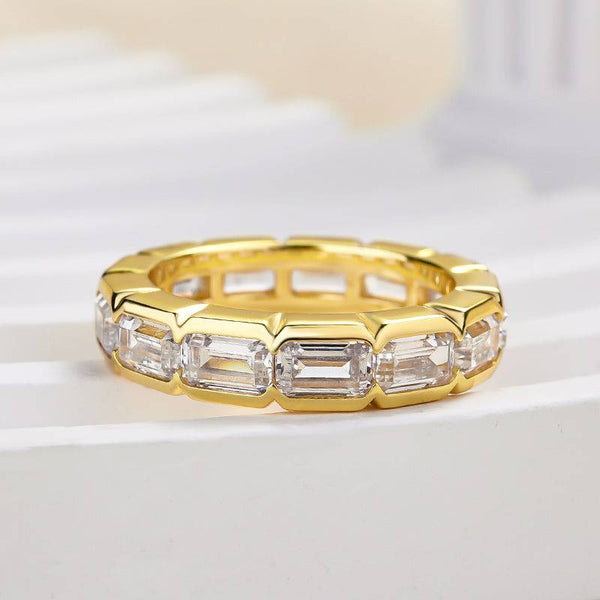 Louily Yellow Gold Bezel Emerald Cut Women's Wedding Band In Sterling Silver