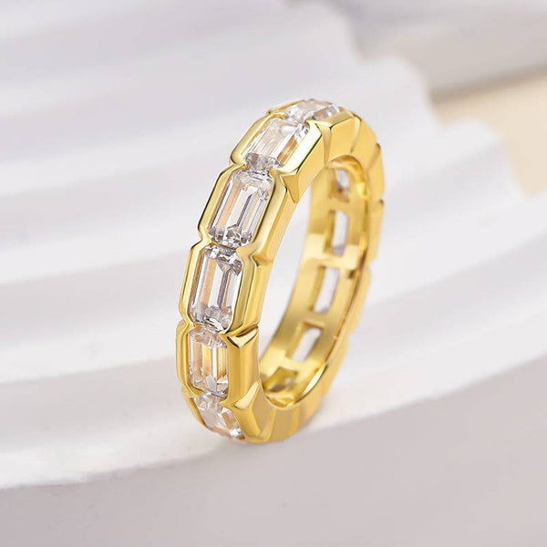Louily Yellow Gold Bezel Emerald Cut Women's Wedding Band In Sterling Silver