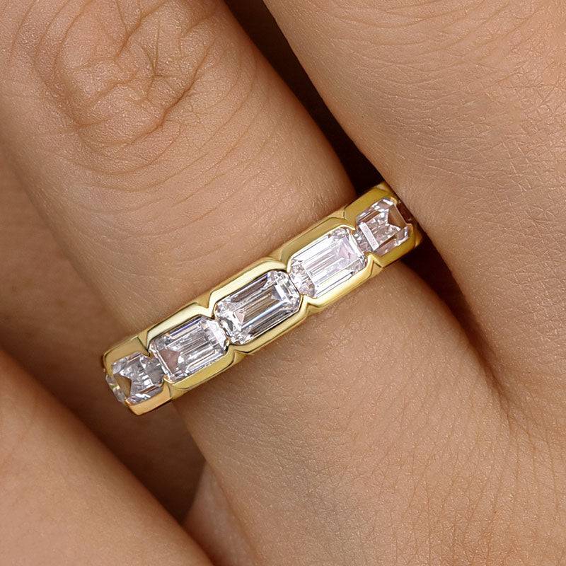 Louily Yellow Gold Bezel Emerald Cut Women's Wedding Band In Sterling Silver - louilyjewelry