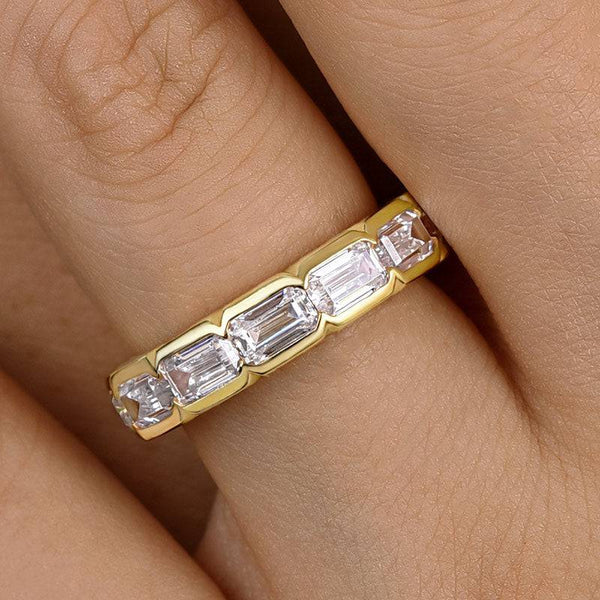 Louily Yellow Gold Bezel Emerald Cut Women's Wedding Band In Sterling Silver