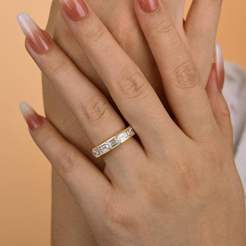 Louily Yellow Gold Bezel Emerald Cut Women's Wedding Band In Sterling Silver - louilyjewelry