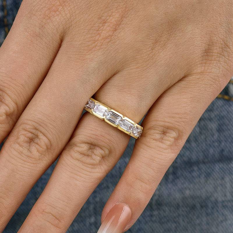 Louily Yellow Gold Bezel Emerald Cut Women's Wedding Band In Sterling Silver - louilyjewelry