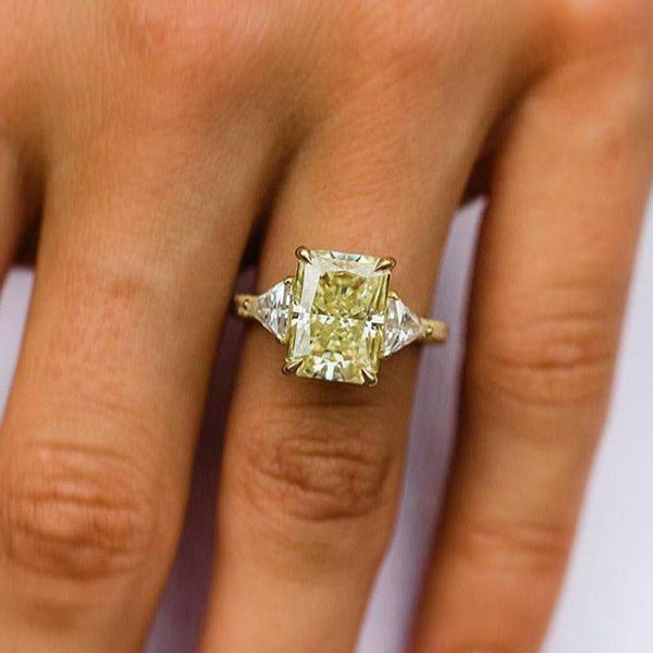 Louily Yellow Gold Crushed Ice Radiant Cut Yellow Sapphire Three Stone Engagement Ring In Sterling Silver