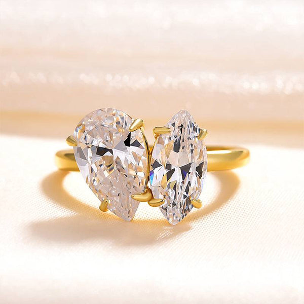 Louily Yellow Gold Double Stones Design Pear & Marquise Cut Engagement Ring In Sterling Silver