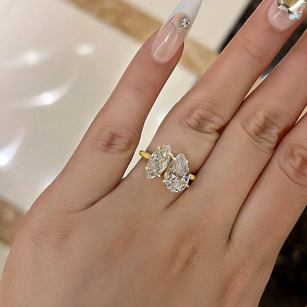 Louily Yellow Gold Double Stones Design Pear & Marquise Cut Engagement Ring In Sterling Silver