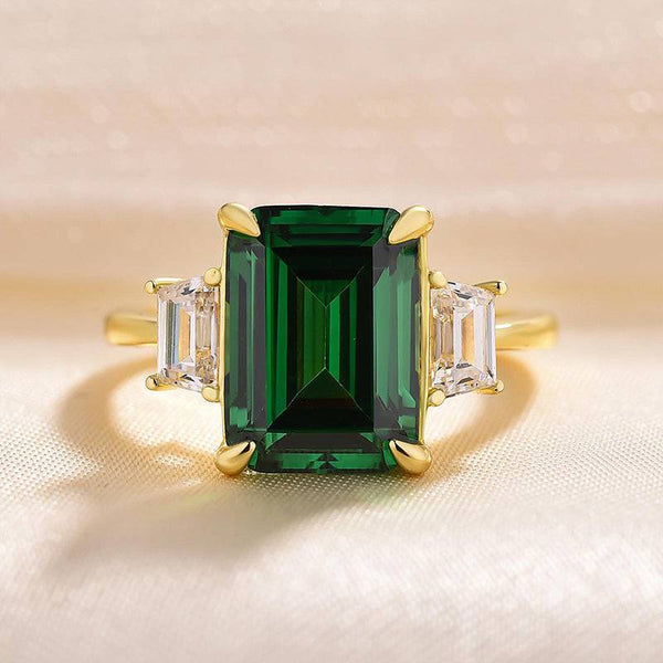Louily Yellow Gold Emerald Green Three Stone Engagement Ring For Women In Sterling Silver