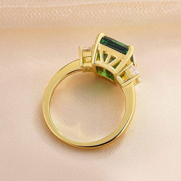 Louily Yellow Gold Emerald Green Three Stone Engagement Ring For Women In Sterling Silver