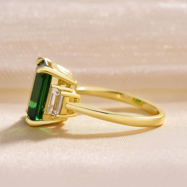 Louily Yellow Gold Emerald Green Three Stone Engagement Ring For Women In Sterling Silver