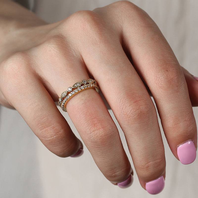 Louily Yellow Gold Full Eternity Art Deco Stackable Wedding Band Set - louilyjewelry