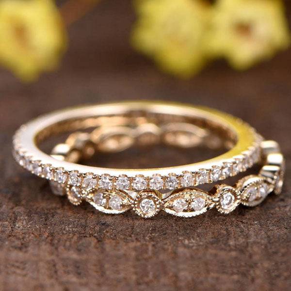Louily Yellow Gold Full Eternity Art Deco Stackable Wedding Band Set - louilyjewelry
