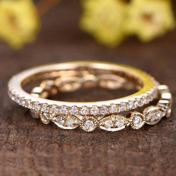 Louily Yellow Gold Full Eternity Art Deco Stackable Wedding Band Set