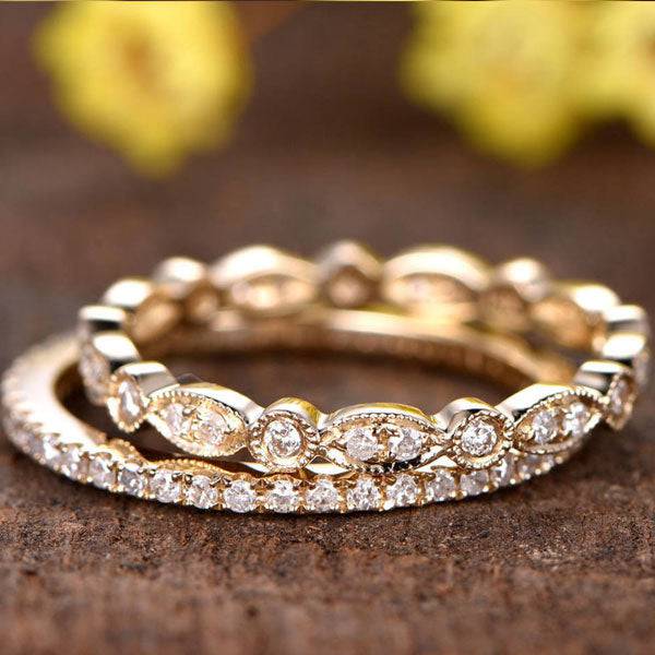 Louily Yellow Gold Full Eternity Art Deco Stackable Wedding Band Set