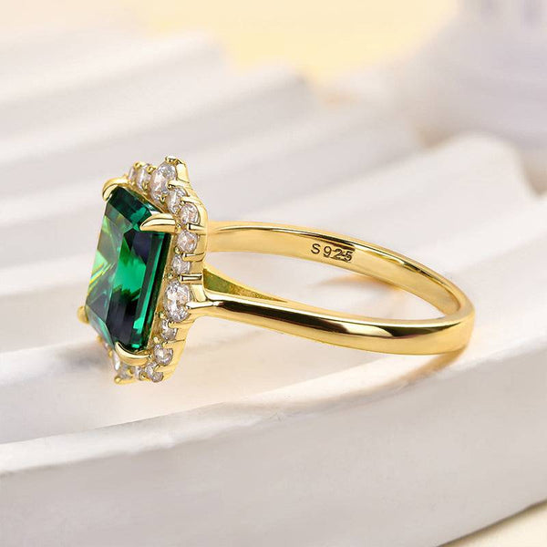 Louily Yellow Gold Halo Emerald Cut Engagement Ring In Sterling Silver